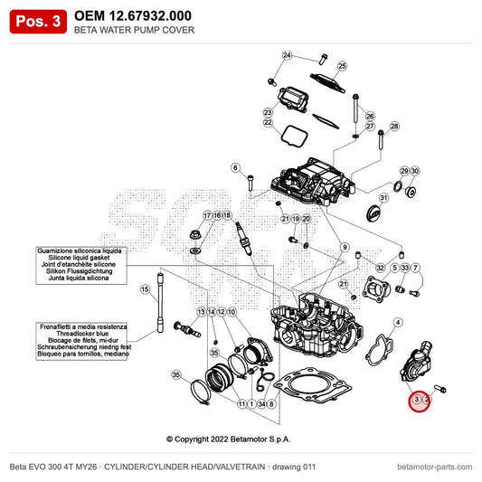 BETA WATER PUMP COVER – OEM 12.67932.000, position 3 on the Beta EVO 300 4T MY26 cylinder/cylinder head/valvetrain drawing