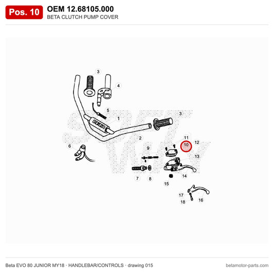 BETA CLUTCH PUMP COVER – OEM 12.68105.000, position 10 on the Beta EVO 80 JUNIOR MY18 handlebar/controls drawing
