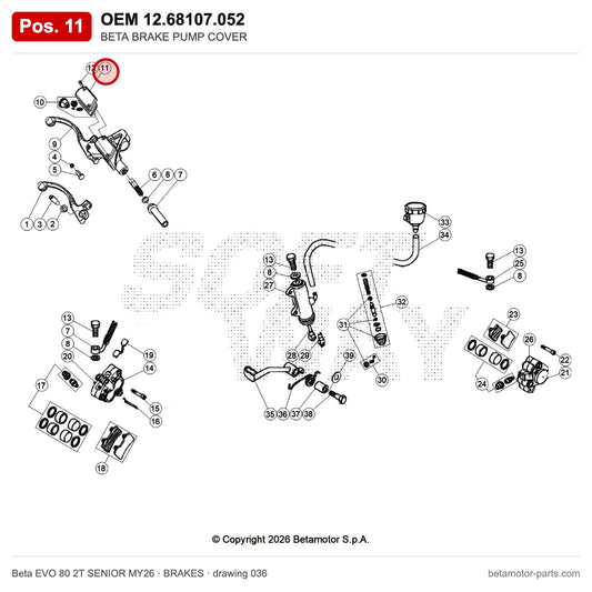 BETA BRAKE PUMP COVER – OEM 12.68107.052, position 11 on the Beta EVO 80 2T SENIOR MY26 brakes drawing