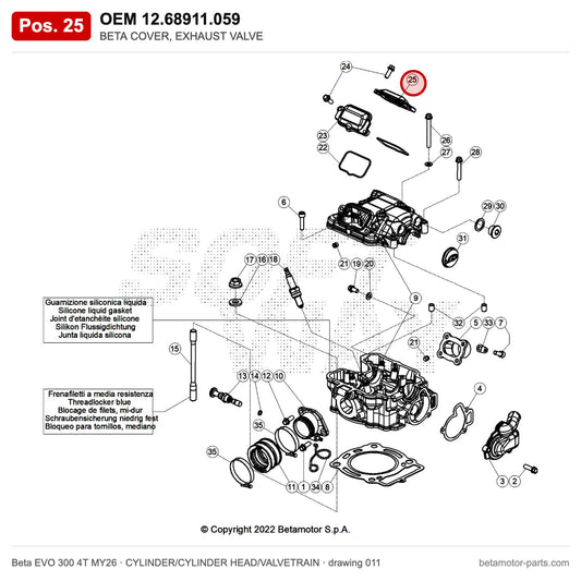 BETA COVER, EXHAUST VALVE – OEM 12.68911.059, position 25 on the Beta EVO 300 4T MY26 cylinder/cylinder head/valvetrain drawing
