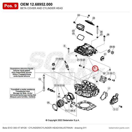 BETA COVER AND CYLINDER HEAD – OEM 12.68952.000, position 9 on the Beta EVO 300 4T MY26 cylinder/cylinder head/valvetrain drawing