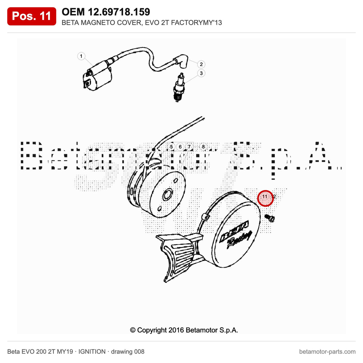 BETA MAGNETO COVER, EVO 2T FACTORYMY'13 – OEM 12.69718.159, position 11 on the Beta EVO 200 2T MY19 ignition drawing