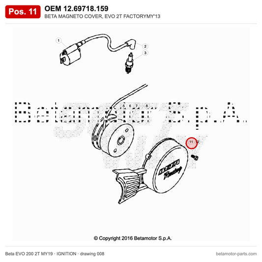 BETA MAGNETO COVER, EVO 2T FACTORYMY'13 – OEM 12.69718.159, position 11 on the Beta EVO 200 2T MY19 ignition drawing