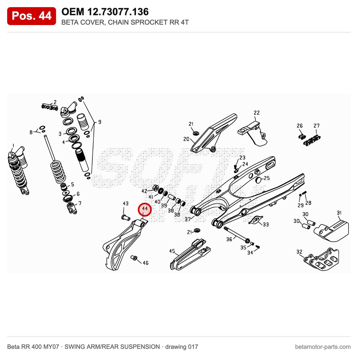 BETA COVER, CHAIN SPROCKET RR 4T – OEM 12.73077.136, position 44 on the Beta RR 400 MY07 swing arm/rear suspension drawing