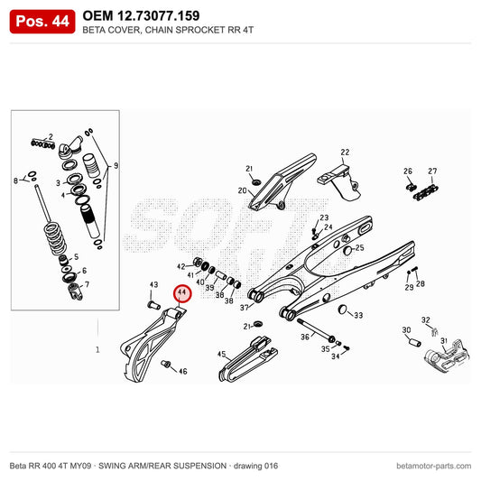 BETA COVER, CHAIN SPROCKET RR 4T – OEM 12.73077.159, position 44 on the Beta RR 400 4T MY09 swing arm/rear suspension drawing