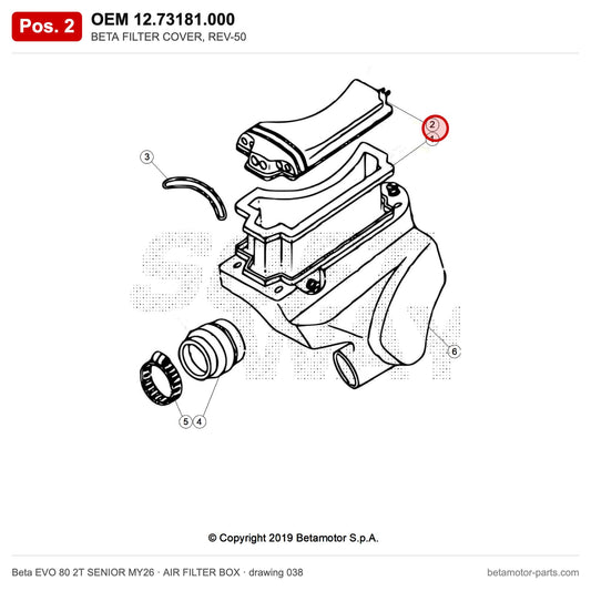 BETA FILTER COVER, REV-50 – OEM 12.73181.000, position 2 on the Beta EVO 80 2T SENIOR MY26 air filter box drawing