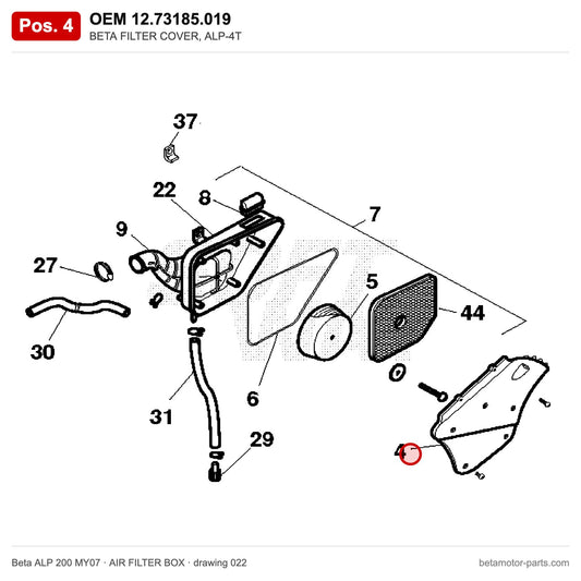 BETA FILTER COVER, ALP-4T – OEM 12.73185.019, position 4 on the Beta ALP 200 MY07 air filter box drawing