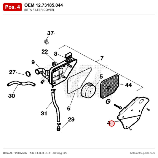 BETA FILTER COVER – OEM 12.73185.044, position 4 on the Beta ALP 200 MY07 air filter box drawing