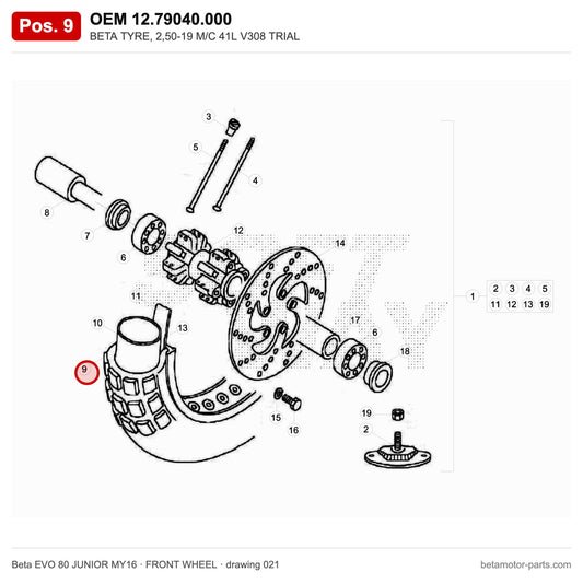 BETA TYRE, 2,50-19 M/C 41L V308 TRIAL – OEM 12.79040.000, position 9 on the Beta EVO 80 JUNIOR MY16 front wheel drawing