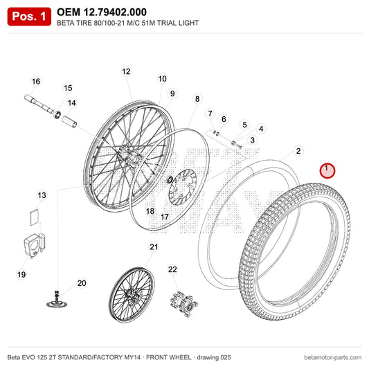 BETA TIRE 80/100-21 M/C 51M TRIAL LIGHT – OEM 12.79402.000, position 1 on the Beta EVO 125 2T STANDARD/FACTORY MY14 front wheel drawing