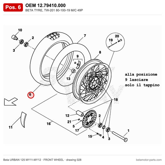 BETA TYRE, TW-201 80-100-19 M/C 49P – OEM 12.79410.000, position 6 on the Beta URBAN 125 MY11-MY12 front wheel drawing