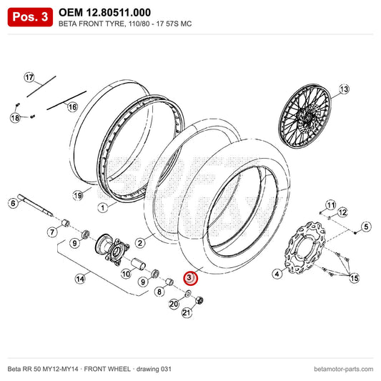 BETA FRONT TYRE, 110/80 - 17 57S MC – OEM 12.80511.000, position 3 on the Beta RR 50 MY12-MY14 front wheel drawing