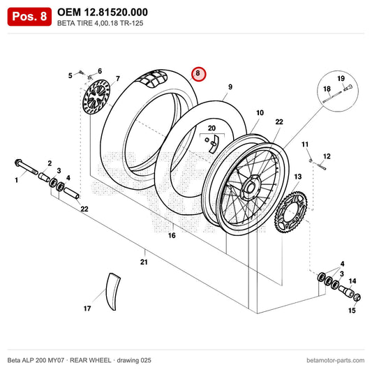 BETA TIRE 4,00.18 TR-125 – OEM 12.81520.000, position 8 on the Beta ALP 200 MY07 rear wheel drawing