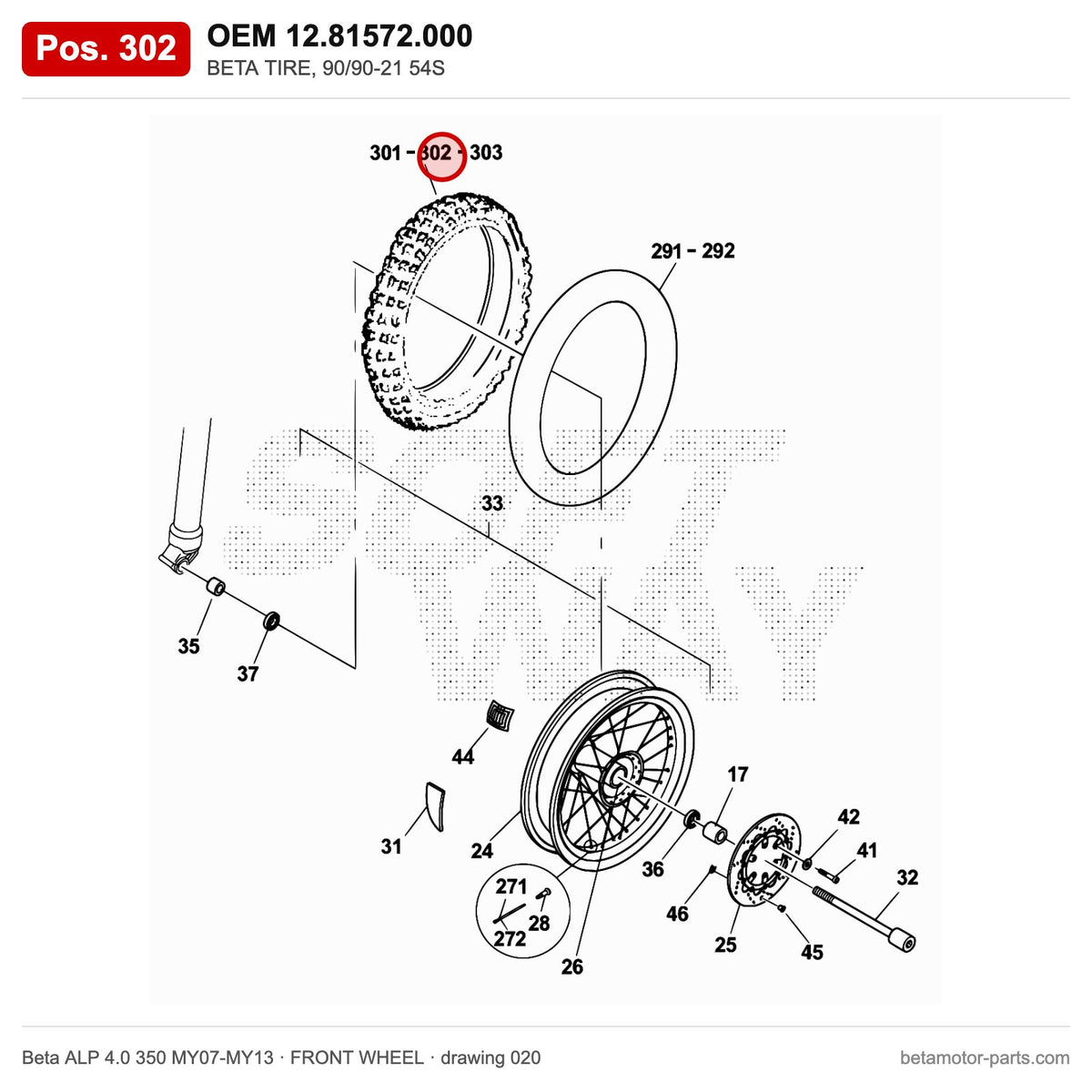 BETA TIRE, 90/90-21 54S – OEM 12.81572.000, position 302 on the Beta ALP 4.0 350 MY07-MY13 front wheel drawing