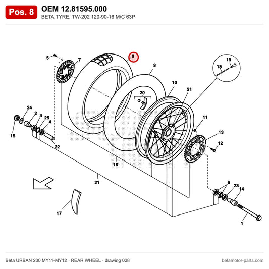 BETA TYRE, TW-202 120-90-16 M/C 63P – OEM 12.81595.000, position 8 on the Beta URBAN 200 MY11-MY12 rear wheel drawing