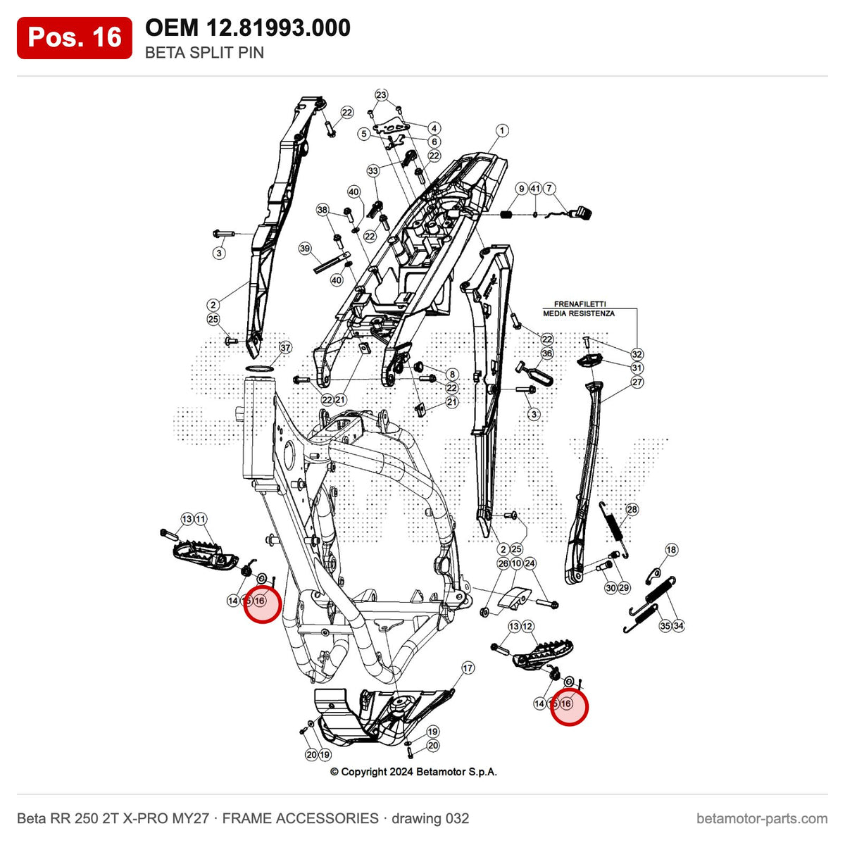 BETA SPLIT PIN – OEM 12.81993.000, position 16 on the Beta RR 250 2T X-PRO MY27 frame accessories drawing