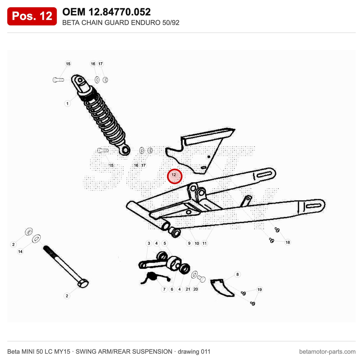 BETA CHAIN GUARD ENDURO 50/92 – OEM 12.84770.052, position 12 on the Beta MINI 50 LC MY15 swing arm/rear suspension drawing