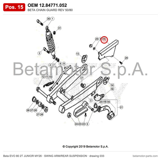 BETA CHAIN GUARD REV 50/80 – OEM 12.84771.052, position 15 on the Beta EVO 80 2T JUNIOR MY26 swing arm/rear suspension drawing