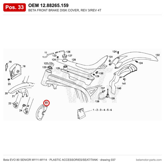 BETA FRONT BRAKE DISK COVER, REV 3/REV 4T – OEM 12.88265.159, position 33 on the Beta EVO 80 SENIOR MY11-MY14 plastic accessories/seat/tank drawing