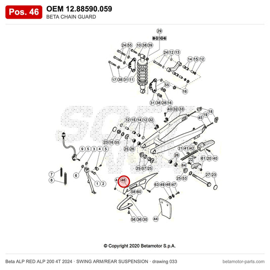 BETA CHAIN GUARD – OEM 12.88590.059, position 46 on the Beta ALP RED ALP 200 4T 2024 swing arm/rear suspension drawing