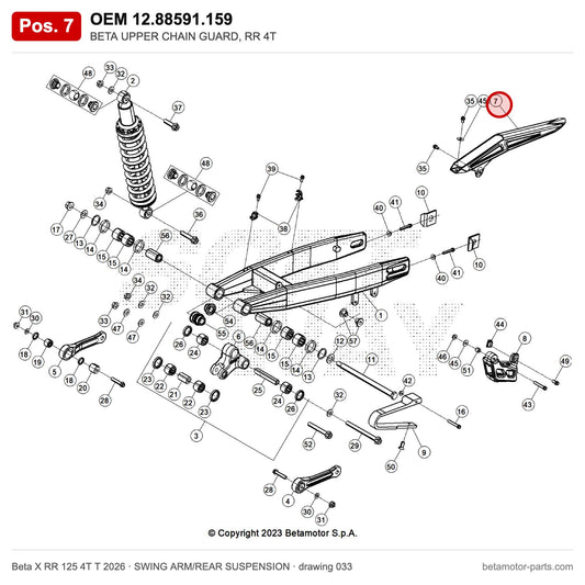 BETA UPPER CHAIN GUARD, RR 4T – OEM 12.88591.159, position 7 on the Beta X RR 125 4T T 2026 swing arm/rear suspension drawing
