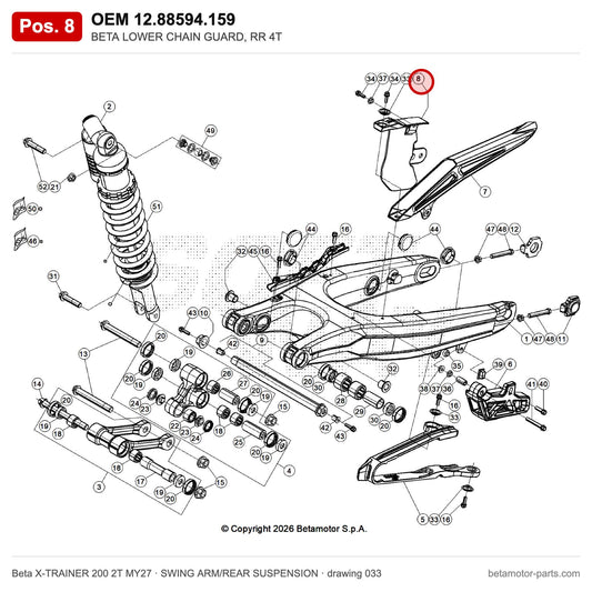 BETA LOWER CHAIN GUARD, RR 4T – OEM 12.88594.159, position 8 on the Beta X-TRAINER 200 2T MY27 swing arm/rear suspension drawing
