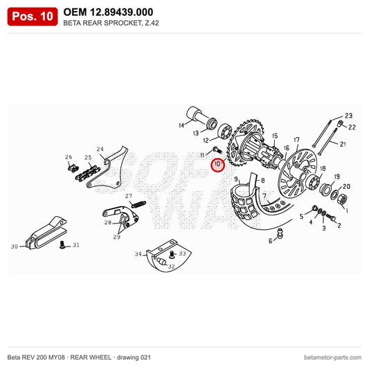 BETA REAR SPROCKET, Z.42 – OEM 12.89439.000, position 10 on the Beta REV 200 MY08 rear wheel drawing