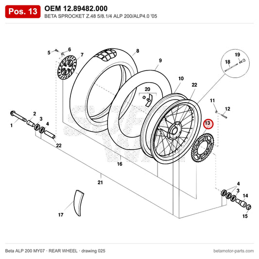 BETA SPROCKET Z.48 5/8.1/4 ALP 200/ALP4.0 '05 – OEM 12.89482.000, position 13 on the Beta ALP 200 MY07 rear wheel drawing