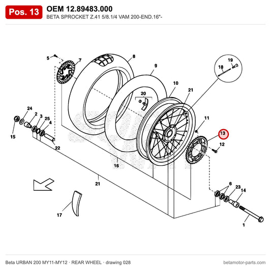 BETA SPROCKET Z.41 5/8.1/4 VAM 200-END.16"- – OEM 12.89483.000, position 13 on the Beta URBAN 200 MY11-MY12 rear wheel drawing