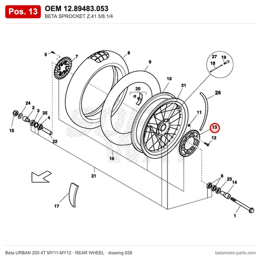 BETA SPROCKET Z.41 5/8.1/4 – OEM 12.89483.053, position 13 on the Beta URBAN 200 4T MY11-MY12 rear wheel drawing