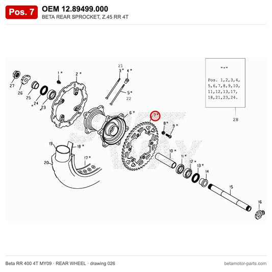 BETA REAR SPROCKET, Z.45 RR 4T – OEM 12.89499.000, position 7 on the Beta RR 400 4T MY09 rear wheel drawing