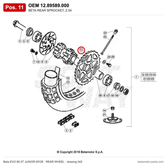 BETA REAR SPROCKET, Z.54 – OEM 12.89589.000, position 11 on the Beta EVO 80 2T JUNIOR MY26 rear wheel drawing