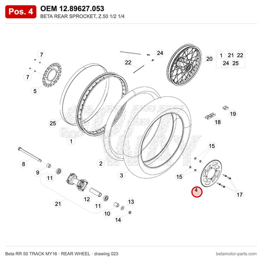 BETA REAR SPROCKET, Z.50 1/2 1/4 – OEM 12.89627.053, position 4 on the Beta RR 50 TRACK MY16 rear wheel drawing