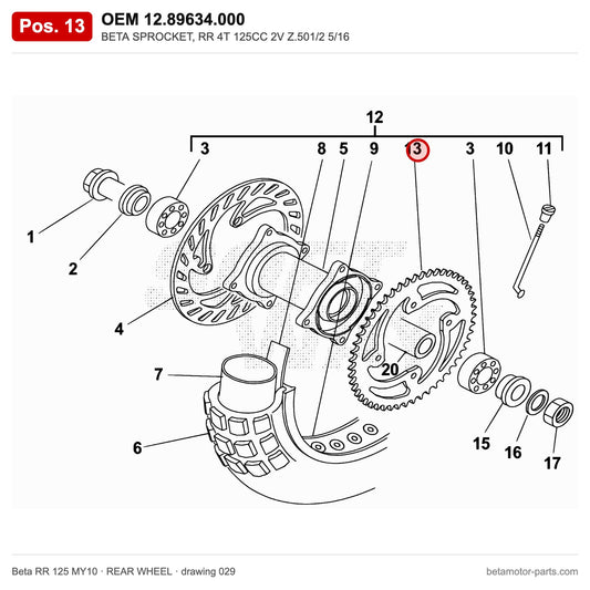 BETA SPROCKET, RR 4T 125CC 2V Z.501/2 5/16 – OEM 12.89634.000, position 13 on the Beta RR 125 MY10 rear wheel drawing