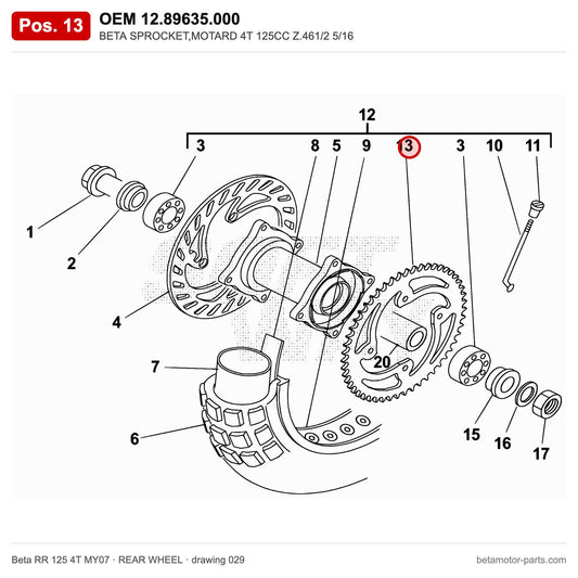 BETA SPROCKET,MOTARD 4T 125CC Z.461/2 5/16 – OEM 12.89635.000, position 13 on the Beta RR 125 4T MY07 rear wheel drawing