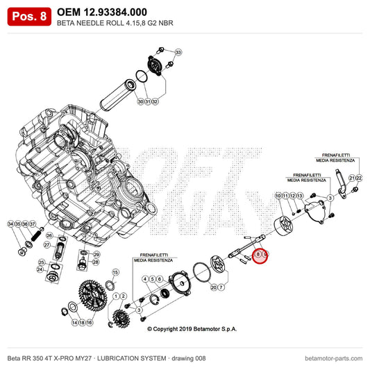 BETA NEEDLE ROLL 4.15,8 G2 NBR – OEM 12.93384.000, position 8 on the Beta RR 350 4T X-PRO MY27 lubrication system drawing
