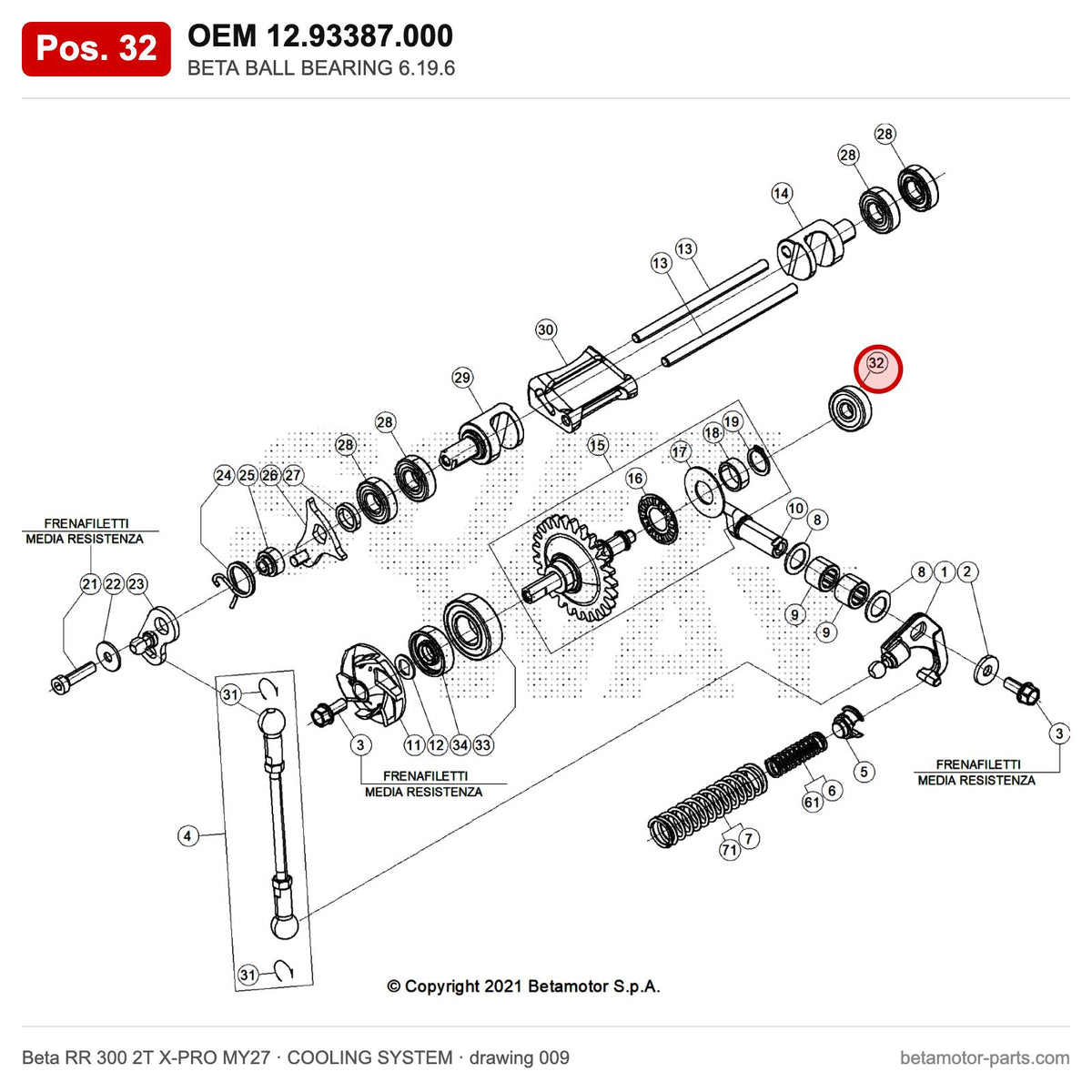 BETA BALL BEARING 6.19.6 – OEM 12.93387.000, position 32 on the Beta RR 300 2T X-PRO MY27 cooling system drawing