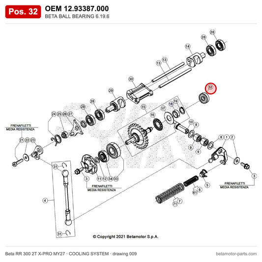 BETA BALL BEARING 6.19.6 – OEM 12.93387.000, position 32 on the Beta RR 300 2T X-PRO MY27 cooling system drawing