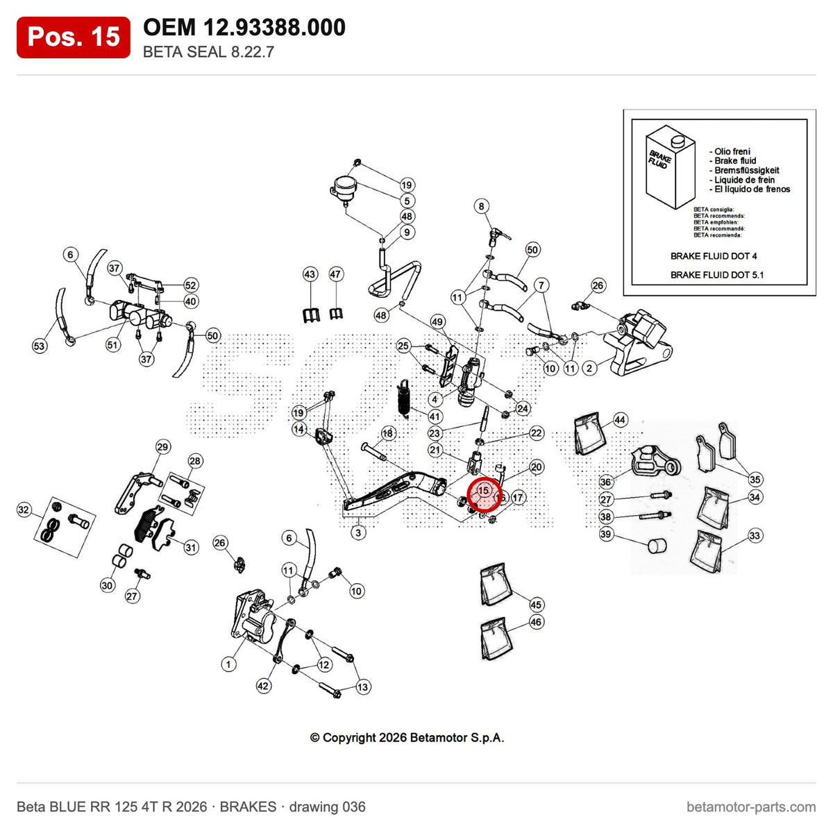 BETA SEAL 8.22.7 – OEM 12.93388.000, position 15 on the Beta BLUE RR 125 4T R 2026 brakes drawing