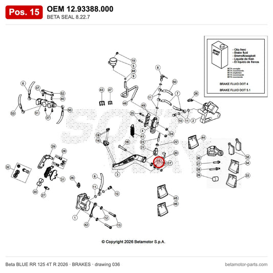 BETA SEAL 8.22.7 – OEM 12.93388.000, position 15 on the Beta BLUE RR 125 4T R 2026 brakes drawing