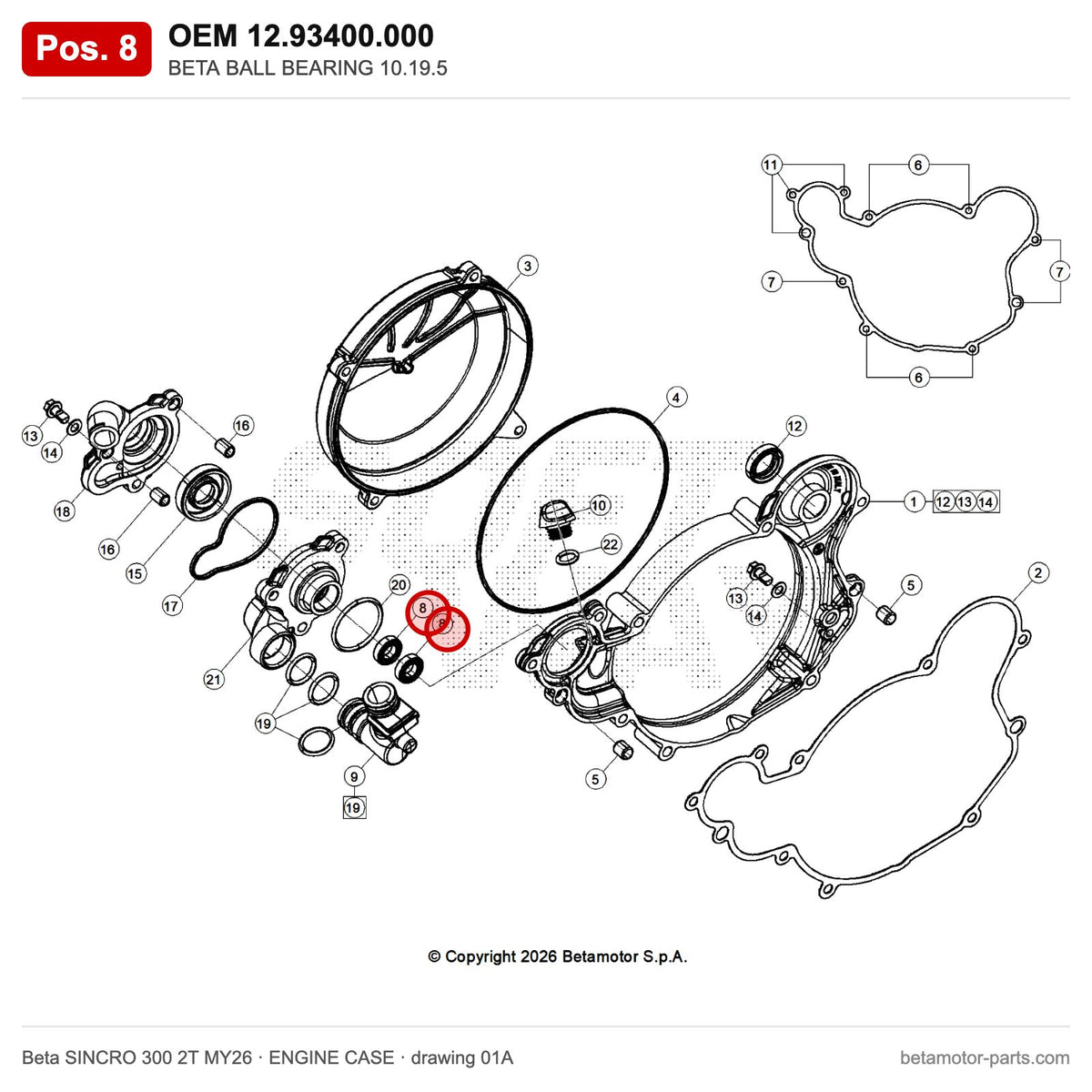 BETA BALL BEARING 10.19.5 – OEM 12.93400.000, position 8 on the Beta SINCRO 300 2T MY26 engine case drawing