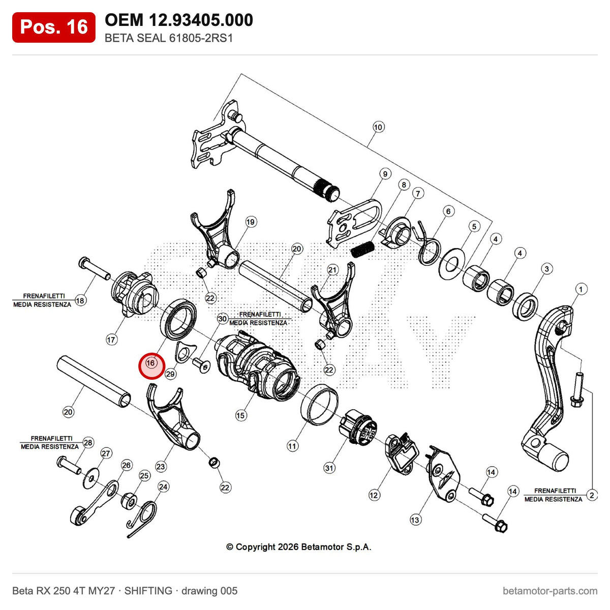 BETA SEAL 61805-2RS1 – OEM 12.93405.000, position 16 on the Beta RX 250 4T MY27 shifting drawing