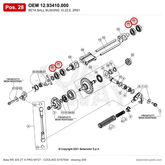 BETA BALL BUSHING 10.22.6. 2RS1 – OEM 12.93410.000, position 28 on the Beta RR 300 2T X-PRO MY27 cooling system drawing