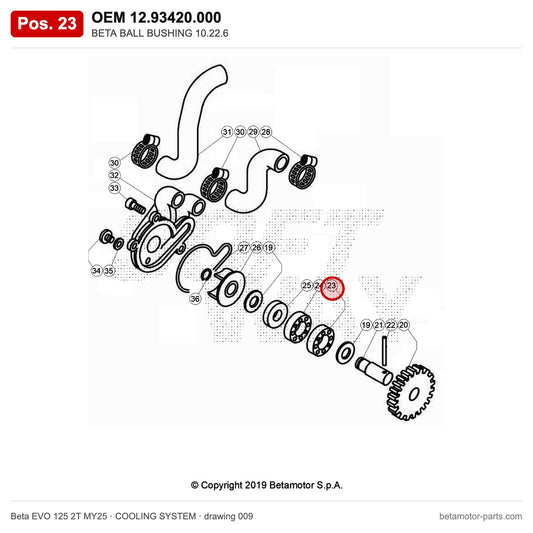 BETA BALL BUSHING 10.22.6 – OEM 12.93420.000, position 23 on the Beta EVO 125 2T MY25 cooling system drawing