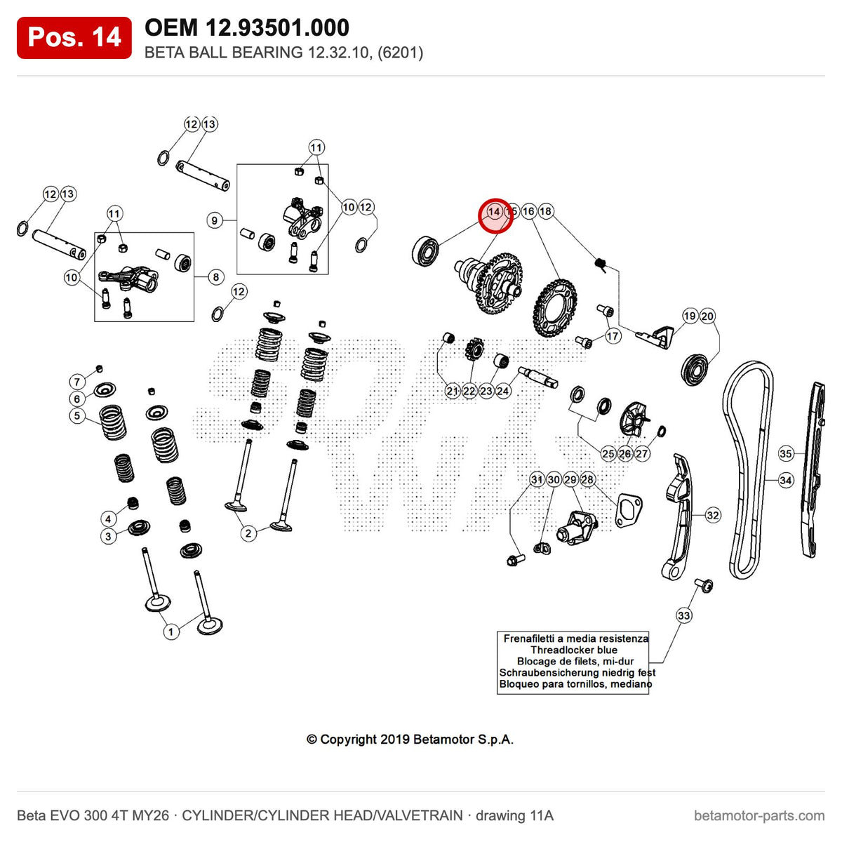 BETA BALL BEARING 12.32.10, (6201) – OEM 12.93501.000, position 14 on the Beta EVO 300 4T MY26 cylinder/cylinder head/valvetrain drawing