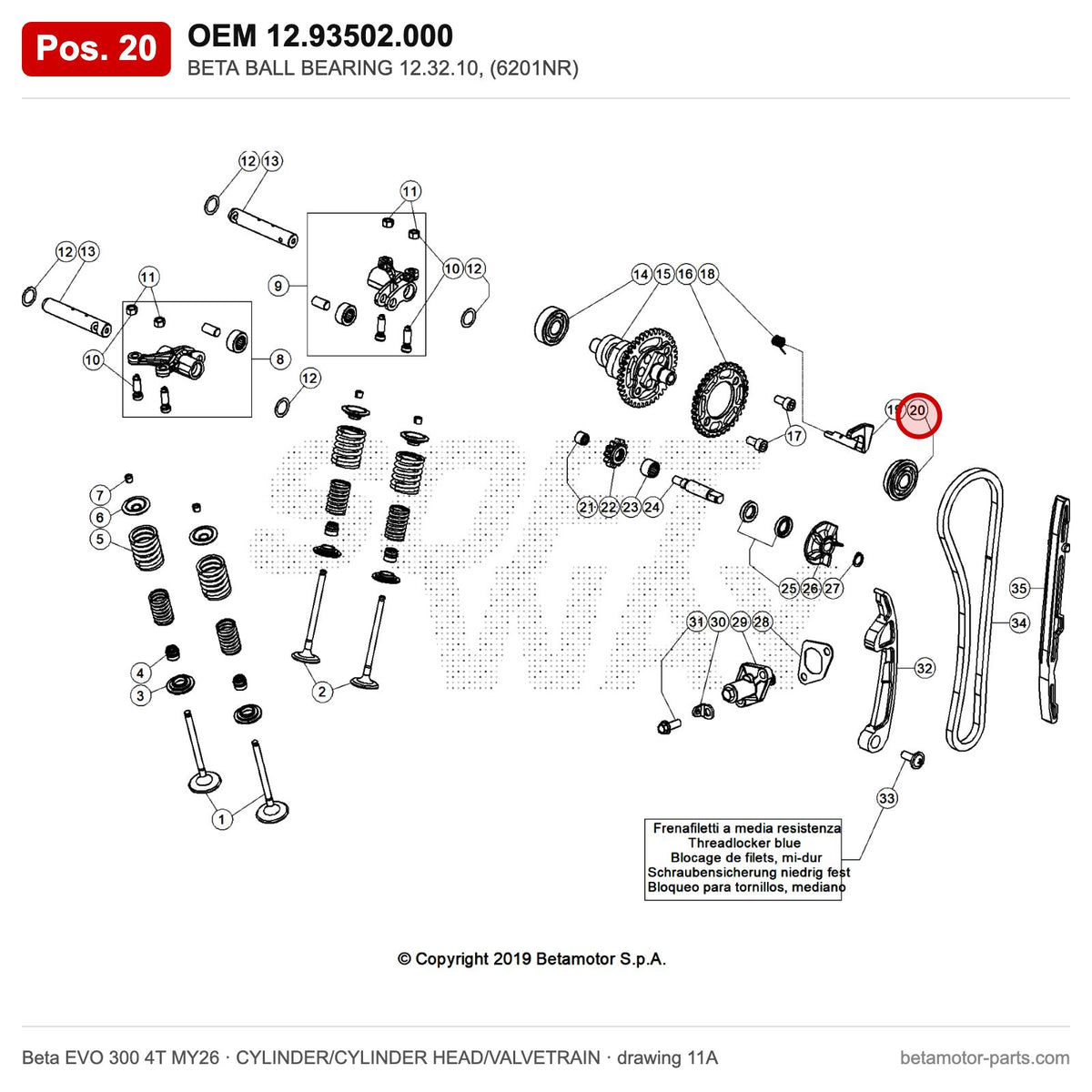 BETA BALL BEARING 12.32.10, (6201NR) – OEM 12.93502.000, position 20 on the Beta EVO 300 4T MY26 cylinder/cylinder head/valvetrain drawing