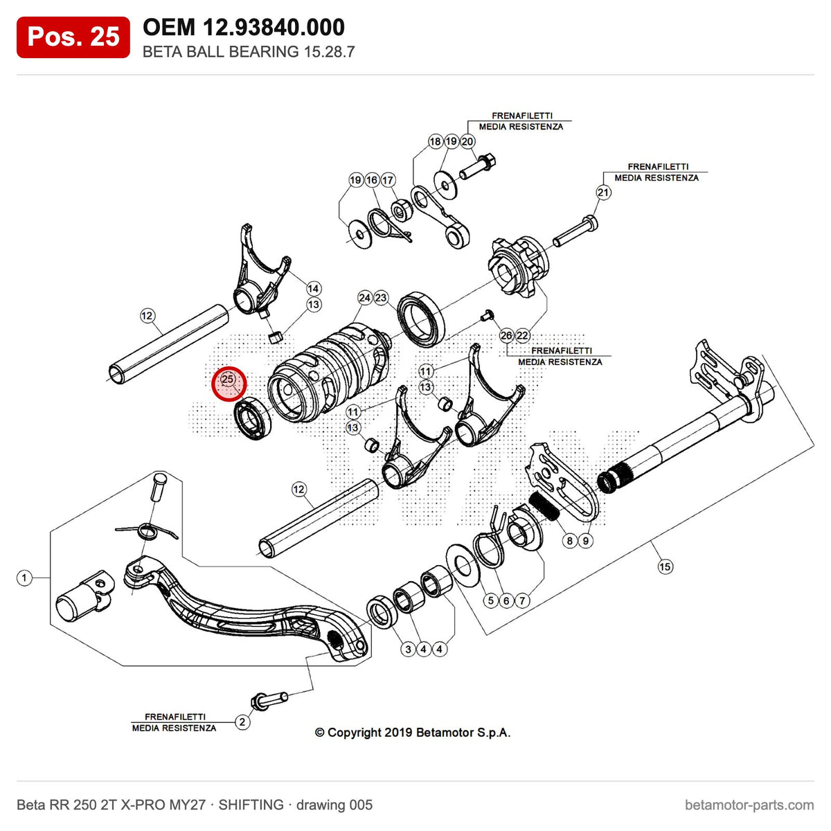 BETA BALL BEARING 15.28.7 – OEM 12.93840.000, position 25 on the Beta RR 250 2T X-PRO MY27 shifting drawing