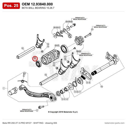 BETA BALL BEARING 15.28.7 – OEM 12.93840.000, position 25 on the Beta RR 250 2T X-PRO MY27 shifting drawing