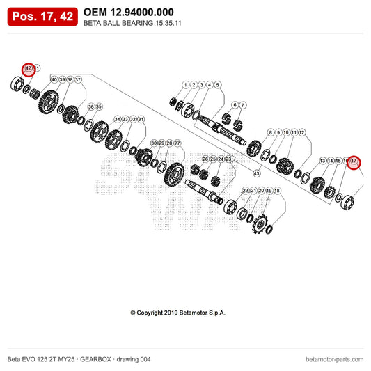 BETA BALL BEARING 15.35.11 – OEM 12.94000.000, positions 17,42 on the Beta EVO 125 2T MY25 gearbox drawing
