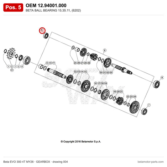 BETA BALL BEARING 15.35.11, (6202) – OEM 12.94001.000, position 5 on the Beta EVO 300 4T MY26 gearbox drawing